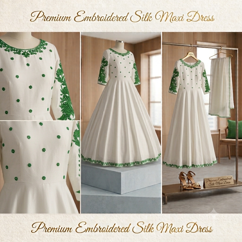 White Silk Maxi Suit with Green Floral Embroidery for Eid & Weddings