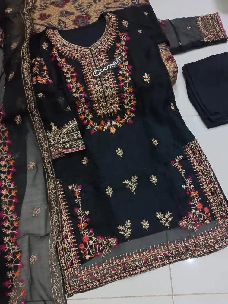 Black Embroidered 3-Piece Women Suit Party Wear