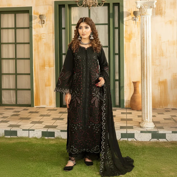 Lehran - U4B Women's Stitched Embroidered Lawn Suit - 3 Pcs In Black